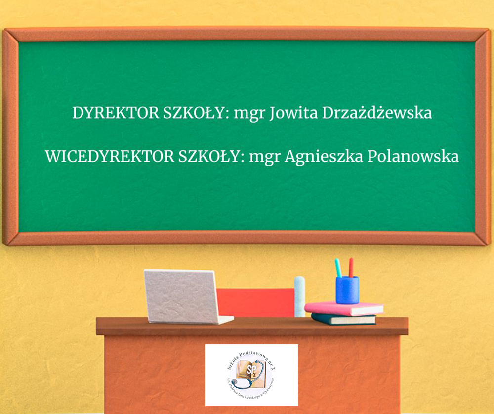 grafika informacyjna o tym kto jest dyrektorem i wicedyrektorem szkoły